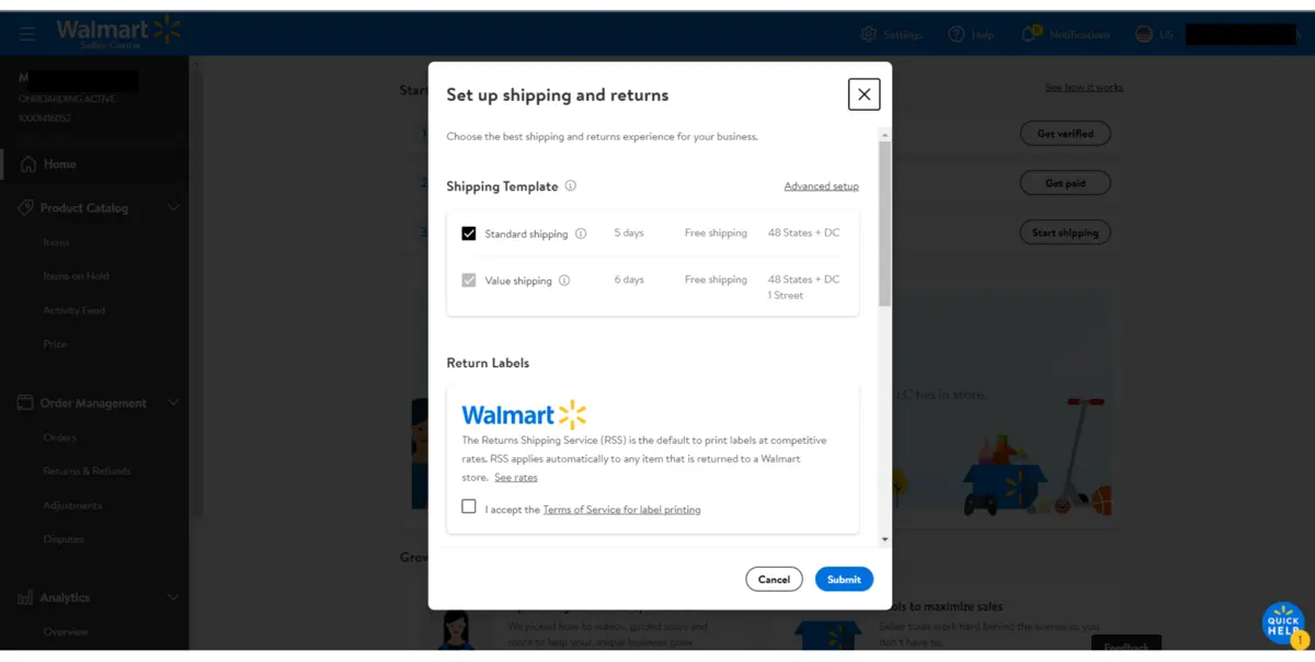 Walmart seller account set shipping method