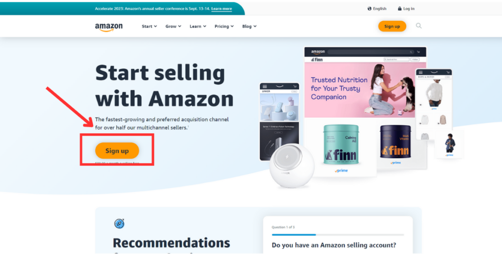 Amazon seller sign up button