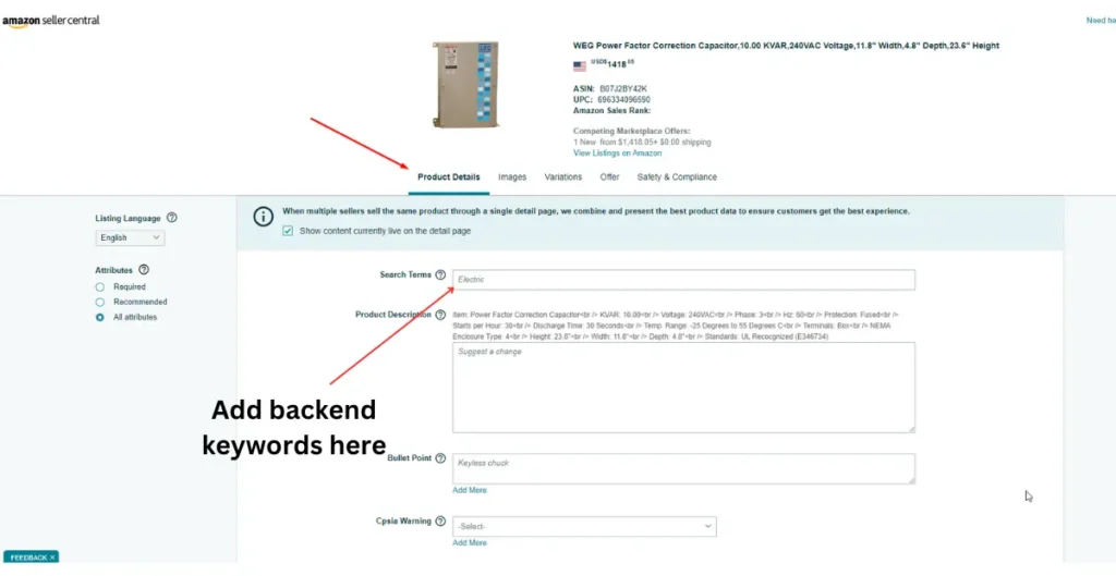 Product details - Add Amazon backend keywords to Search term 
